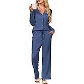Kikibell Womens Pajamas Sets Button Down Lounge Set 2 Piece Sleepwear Loungewear Long Sleeve Pjs with Pocket Fall Outfits