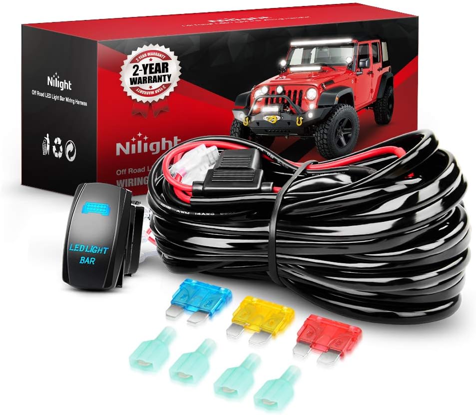 Nilight LED Light Bar Wiring Harness Kit 14AWG Heavy Duty 12V 5Pin Rocker Switch Laser On off Waterproof Switch Power Relay Blade Fuse-2 Leads,2 Years Warranty: Automotive