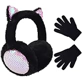 HYHFM Winter Ear Muffs Gloves Set for Kids with Adjustable Sequins Shiny Fluffy Warm Earmuffs for Kids Outdoor Cold Weather