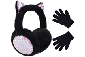 HYHFM Winter Ear Muffs Gloves Set for Kids with Adjustable Sequins Shiny Fluffy Warm Earmuffs for Kids Outdoor Cold Weather