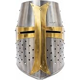 AnNafi&reg; Brass Crusader Helmet | Medieval Metal Knight Helmets | PREMIUM QUALITY with Fitted LEATHER LINER | Dark Crusades Helmet Wearable for Adult | Medieval Costumes - RolePlay Gift