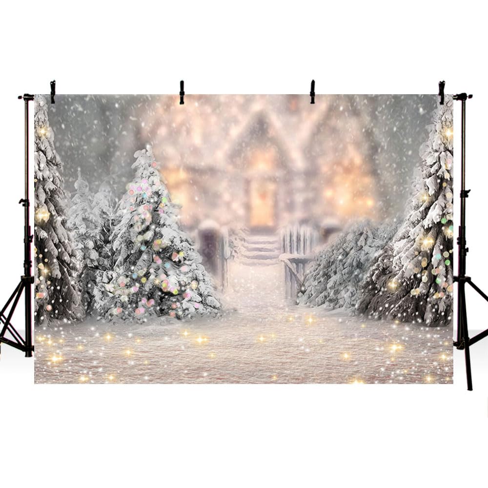 MEHOFOND 7x5ft Winter Christmas Tree Snowflake Photography Background Glitter Snow Scene Light Bokeh Castle Backdrops Xmas Birthday Party Photo Banner Props