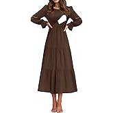 CzzzyL Women's Nursing Dress Flounces Long Sleeve Crew Neck Smocked Bodice Ruched Elastic Waist Tiered Midi with Pockets