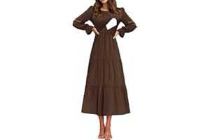 CzzzyL Women's Nursing Dress Flounces Long Sleeve Crew Neck Smocked Bodice Ruched Elastic Waist Tiered Midi with Pockets