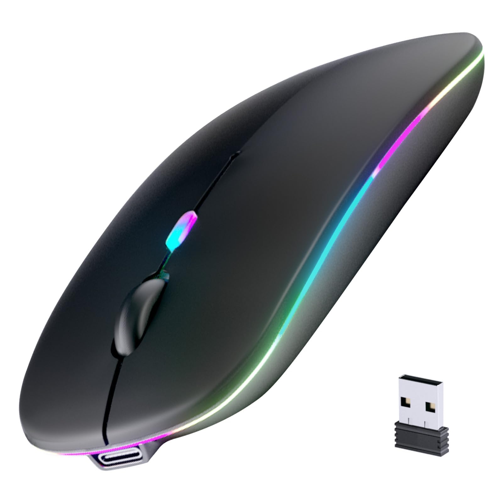 Photo 1 of Wireless Bluetooth Mouse, Rechargeable, LED, Silent, Ultra-thin Design (Bluetooth 5.2 and 2.4GHz USB Receiver) | Portable Computer Mouse for Laptops, iPads, MacBooks and Apple Devices (Black)