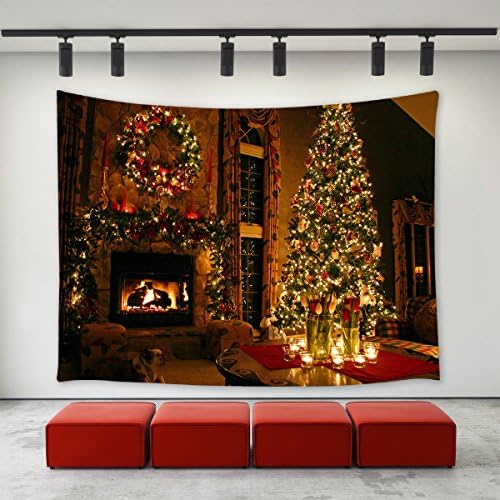 LBKT Christmas Eve Tapestry Wall hanging Happy New Year Custom Xmas Merry Christmas Fireplace Pattern Tapestries Wall Decor Art Home Decoration for Bedroom Living Room Dorm Decor