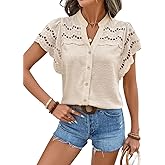 lluviacida Women's Eyelet Embroidery Blouse V Neck Button Down Shirt Flounce Short Sleeve Top with Cutout Detail