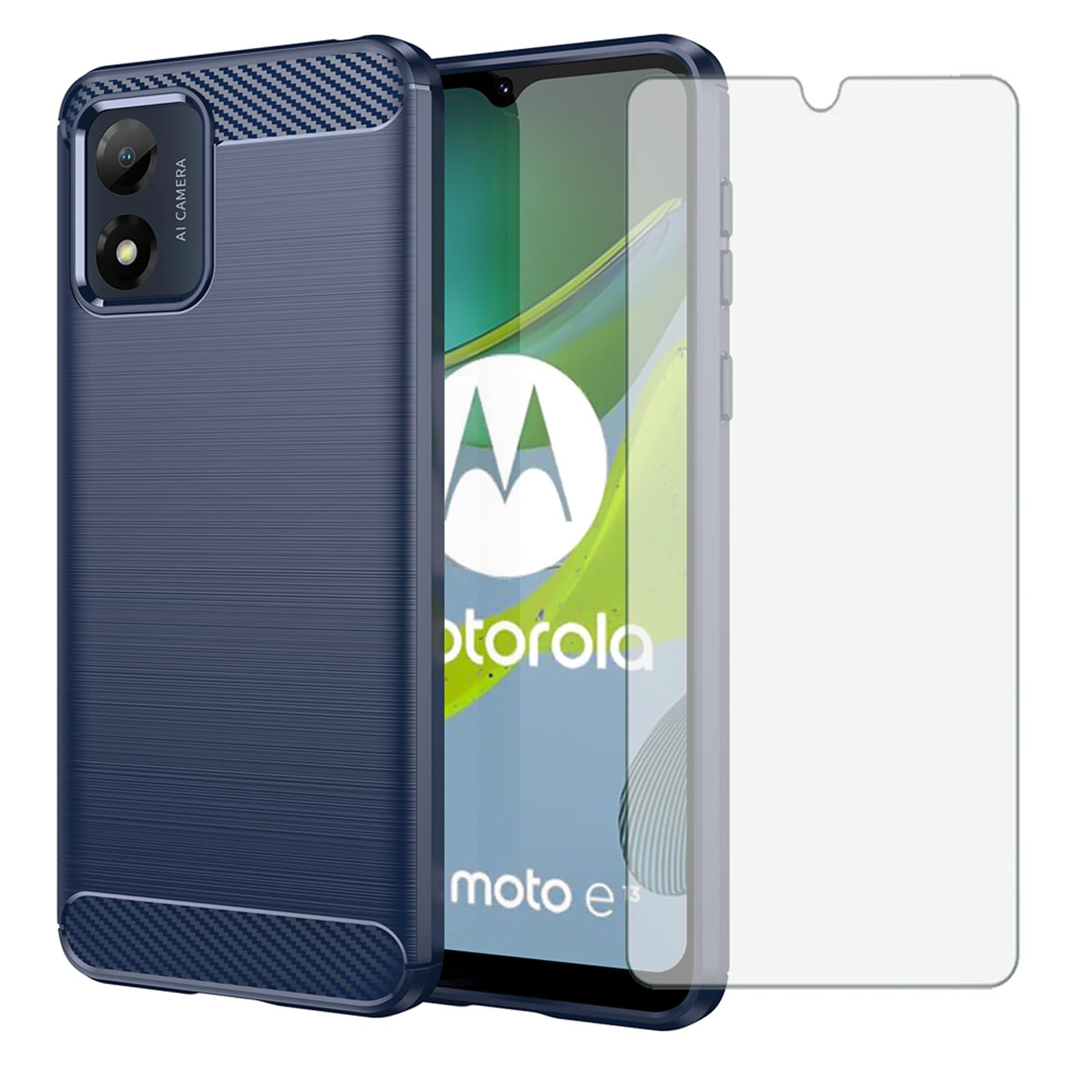 Asuwish Compatible with Motorola Moto E13 Case and Tempered Glass Screen Protector with Shockproof Slim Silicone Wireless Charging Carbon Fiber Phone Cover for MotoE13 E 13 e13Case Women Men Blue