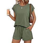 AUTOMET Womens Crew Neck Two Piece Short Sets Cap Sleeve Drawstring Summer Sweatsuit with Pocket