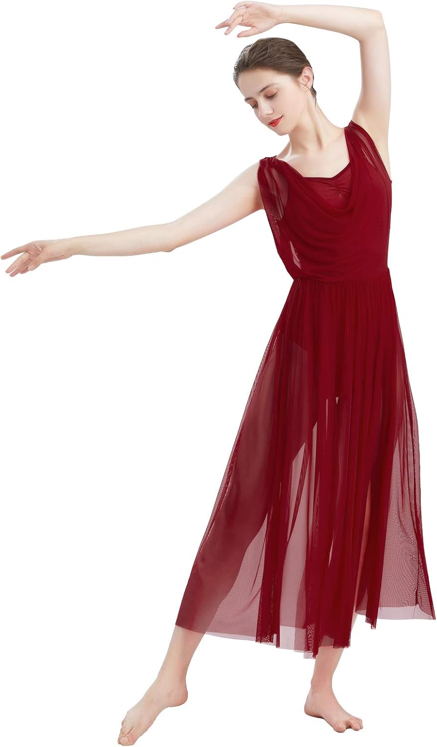 ODASDO Women Lyrical Modern Contemporary Dance Costume Leotard V-Neck Backless Split Tulle Skirt Flowy Overlay Dress: Clothing