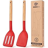 Pack of 2 Silicone Cooking Spatula, Heat Resistant Solid Turner, Non Stick Slotted Spatulas with Wooden Handle,Ideal Wood Kitchen Utensils Set for Frying, Baking, Flipping, Turning (RED)