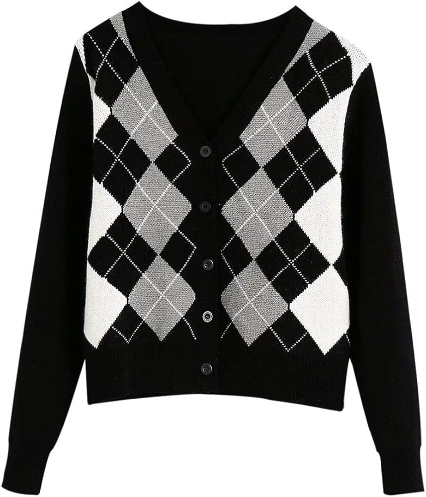 Suéter de cárdigan rómbico Gris Blanco y Negro Suéter de Mujer de Moda Dulce Vintage Suéter con
