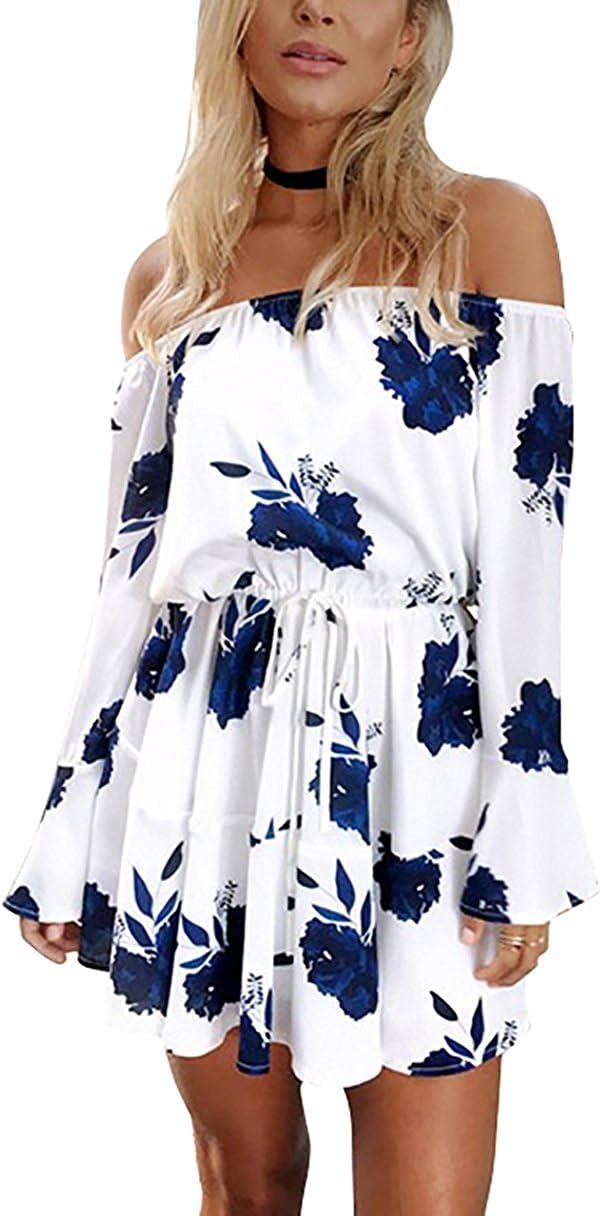 AKABELA Women's Summer Dresses Long Sleeves Off Shoulder Dress Flowers Pattern Short Beach Dress Mini Dress