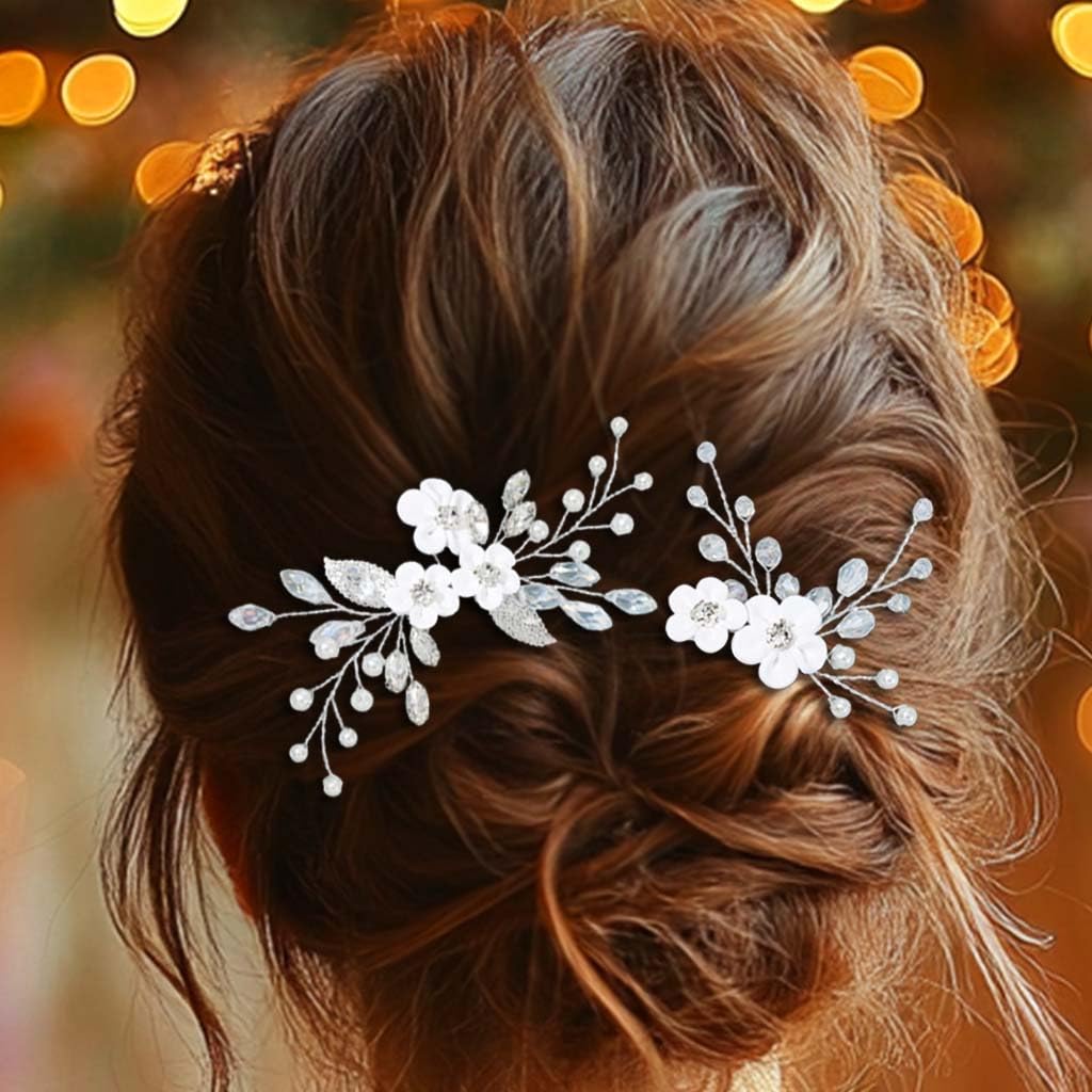 Unicra Flower Bride Wedding Hair Pins Silver Rhinestone Hair Accessories Pearl Leaf Bridal Headpiece for Women and Bridesmaid(Pack of 2)