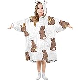 Sgaesgte Brown Bunny Kids Wearable Blanket Hoodie, Super Soft Flannel, Wearable Blankets for Girls Boys 3-14 Years