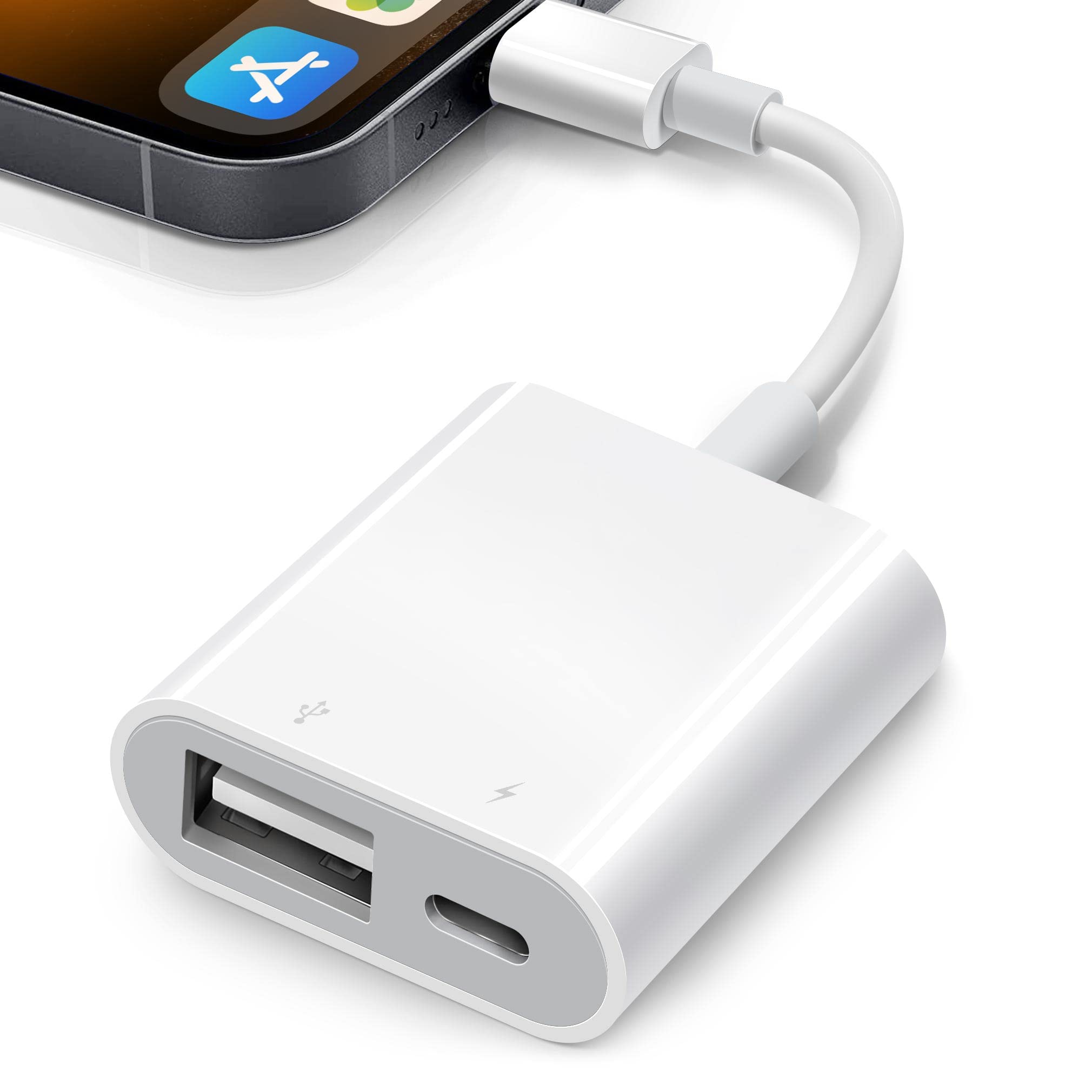 USB Adapter for iPhone iPad, iPhone to USB Adapter with Charging Port, USB3 Female Adapter Supports USB Flash Drive/Hard Disk/SD Card Reader/Microphone and MIDI, Plug & Play