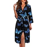 TODIYADDU Long Sleeve Robes for Women Knee-Length Bathrobes with Belt Lounge Wear V Neck Kimono Robe S-2XL