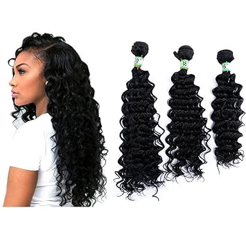 Deep Wave Hair Extensions Weft Weave Natural Black Color 3 Bundles