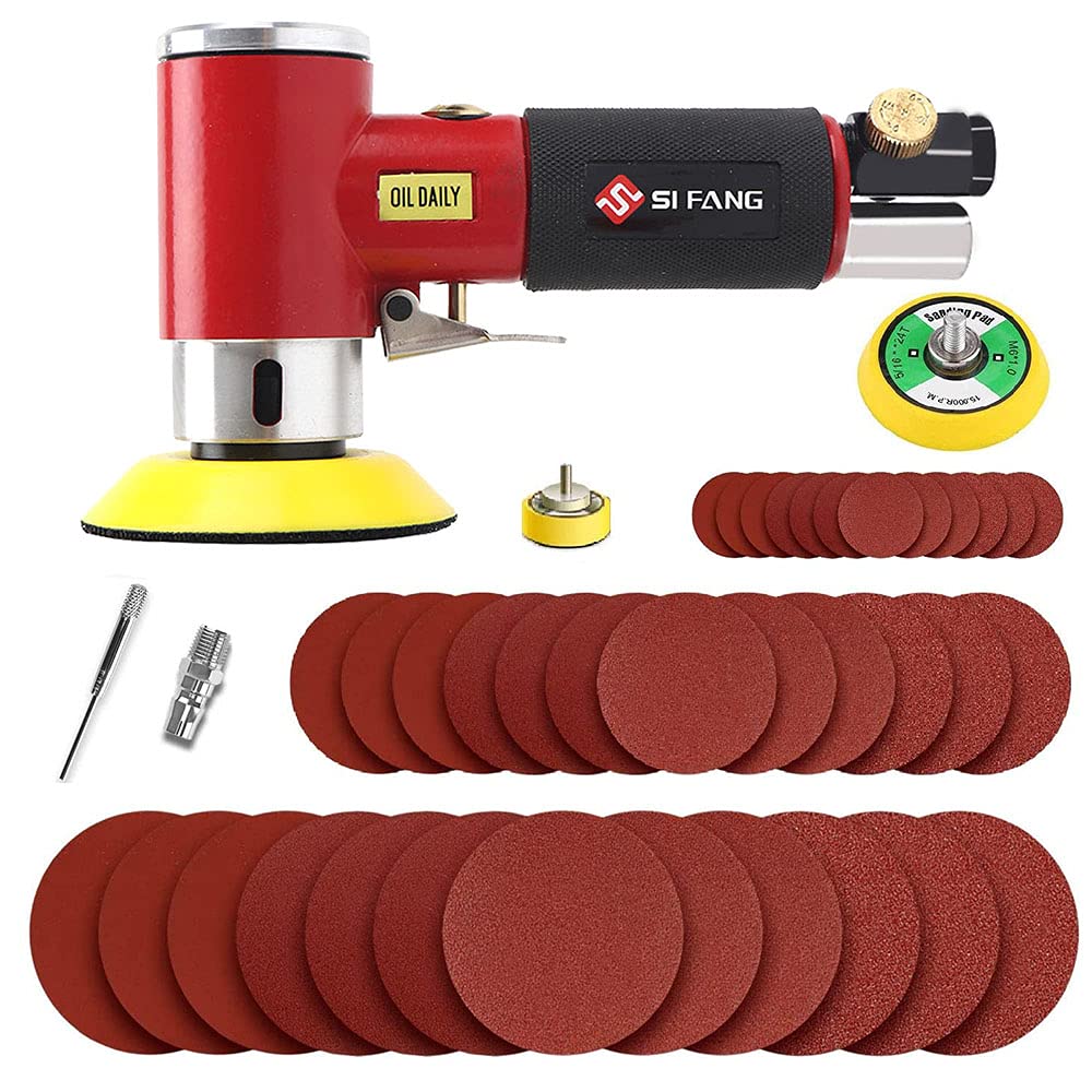 SI FANG 51Pcs Mini Air Sander Kit, Random Orbit Sander Air Polisher Tools with 1" 2" 3" Sanding Discs Buffing Pads Sets, Dual Action Sanding Machine Grinder for Detailing Polishing, Wood Sanding(Red)
