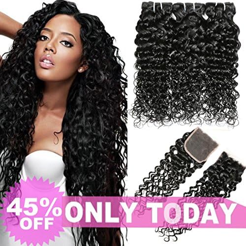 Mei You Brazilian Water Wave Bundles With Closure Virgin Curly Weave Human Hair 3 Bundles With 4x4 Lace Closure Free Part 1B Natural Black Color (16.18.20 with 16 closure)