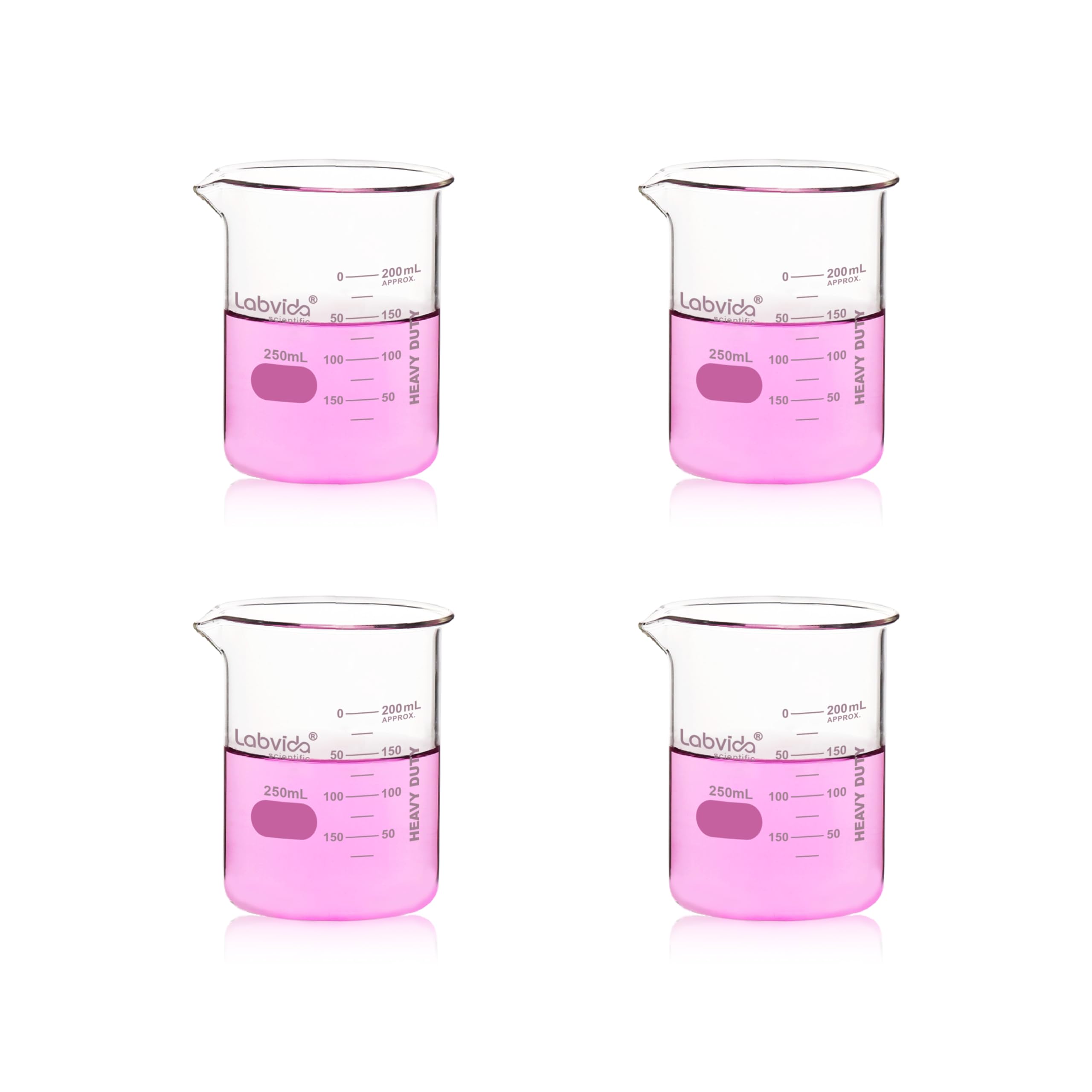 Labvida 4pcs 250ml Upgrated Thick Glass Beakers, Griffin Low Form Beaker Set with Double Scale, 3.3 Boro, LVA009