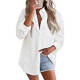 Astylish Women 2026 Loose Fit Tops Cotton Linen Button Down Shirts Collared Roll Up Long Sleeve V Neck Blouses