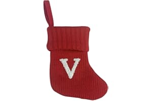UASWGUDFS 7 Inch Mini Monogram Stocking Red Christmas Initial Letter Cable Knit Stockings with Cuffs Cute Xams Alphabet Decorations for Home Family Fireplace Hanging Gifts DIY Decor (V)