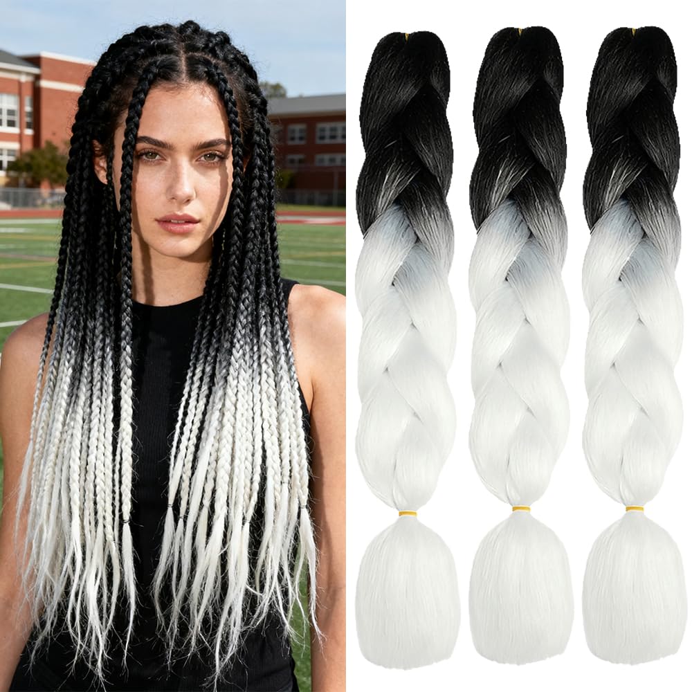 ShowJarlly Box Braid Hair Extensions, 24inch Black/White ​Ombre Jumbo Braid Hair, 3Packs Synthetic Jumbo Braiding Hair Extension Afro Hair Extensions for Braiding Crochet Twist Braids — image 1