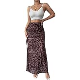 BEAUDRM Women's Leopard Bodycon Skirts Vintage Cheetah Drawstring Split Thigh Long Skirt