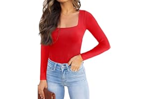 REORIA Womens Sexy Square Neck Double Lined Long sleeve Bodysuit Tops Jumpsuits