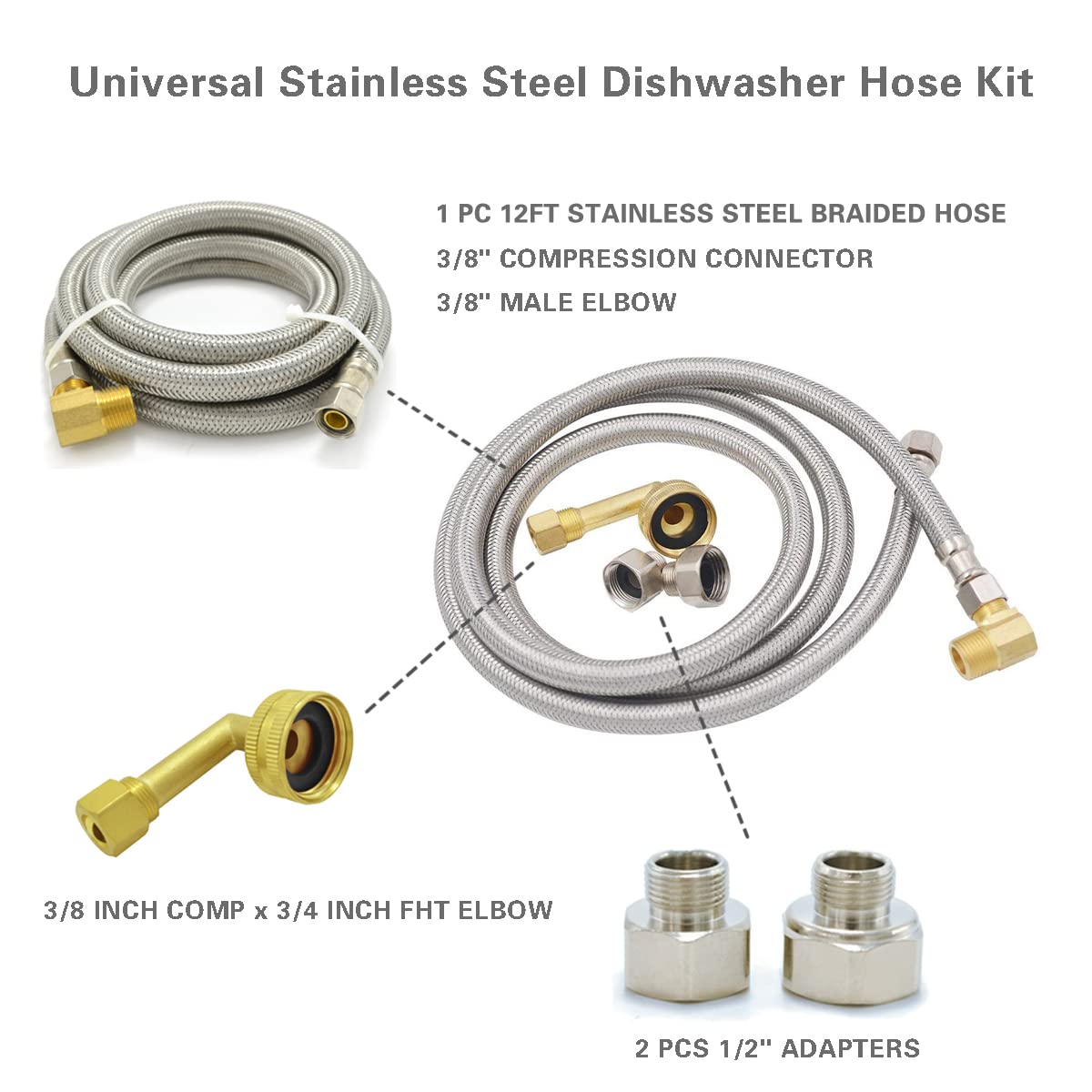 Universal Dishwasher Installation Kit,12 Ft Stainless Steel Braided Dishwasher Hose by TT FLEX,Burst Proof Water Supply Line with 3/8