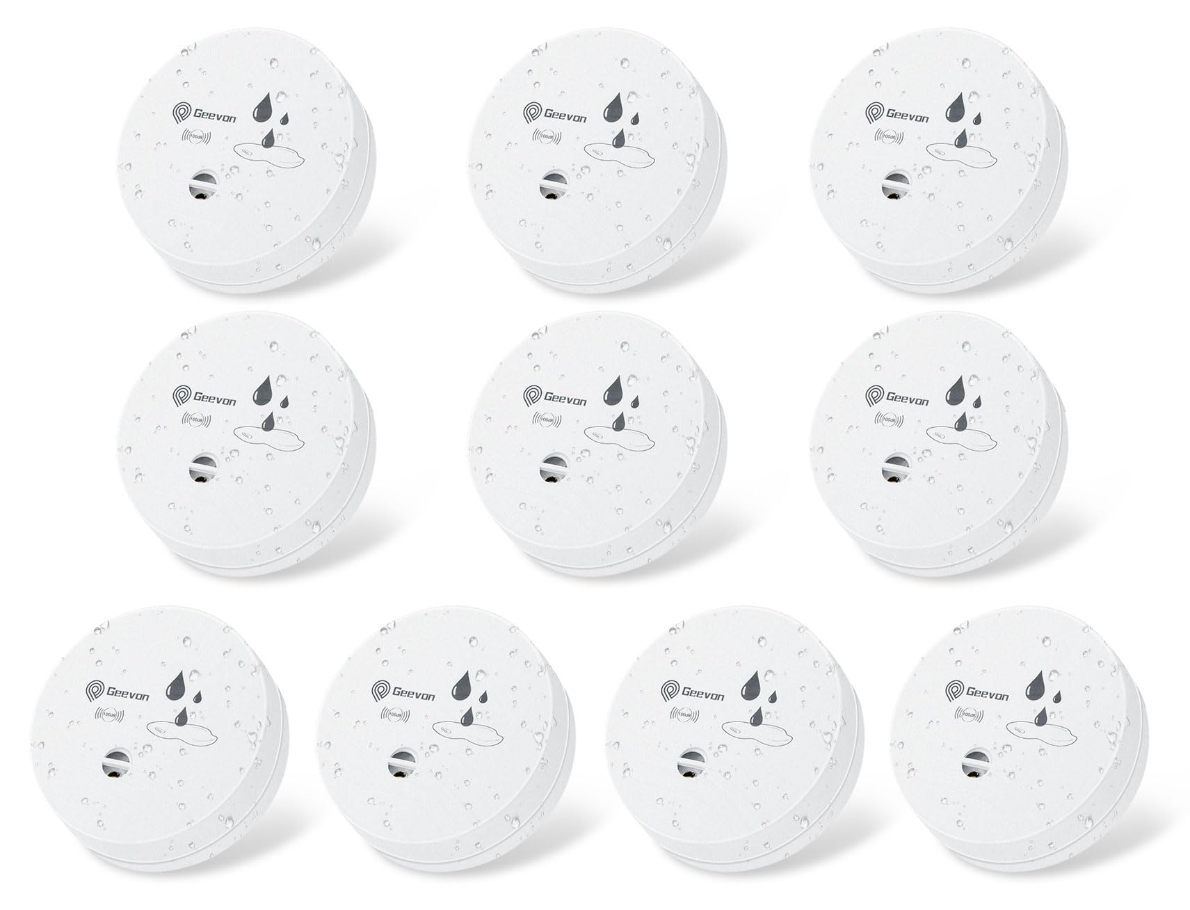 Photo 1 of Geevon 10 Pack Water Leak Detectors, 100dB Water Sensor Alarms Flood Detector for Basements, Bathrooms, Laundry Rooms, Kitchens, Garages, and Attics, Water Alarms Battery-Operated (Battery Included)