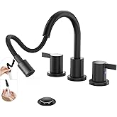Phiestina Pull Out Sprayer Matte Black 8 Inch Bathroom Sink Faucet, Widespread 2 Handles 3 Hole Pull Down Bathroom Faucet, with Pop Up Drain and Water Supply Line, BF04022-K01-MB
