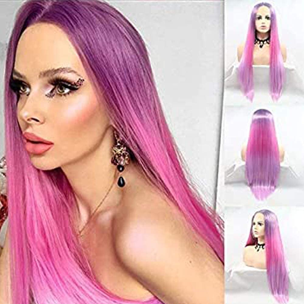 Pink Purple Lavender Wigs for Women Long Ombre Light Colorful Handmade Lace Front Wig Synthetic Hair Straight Lilac Realistic Frontal Glueless Heat Resistant Cosplay Daily Drag Wigs 24Inch