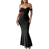 CurvySweet Women's Off The Shoulder Bodycon Corset Ruched Mesh Maxi Dress Built-in Bra Fall Cocktail Wedding Guest Dresses