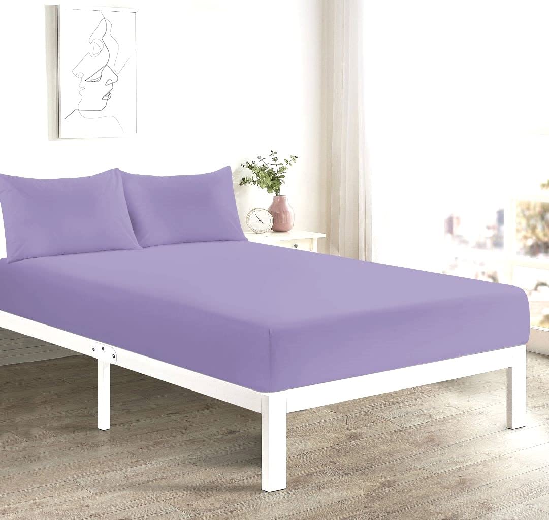 Fitted Bed Sheet With FREE MATCHING 2 X PILLOW CASES Poly Cotton Percale Easy Care Plain Dyed Bed Sheet Lilac Double