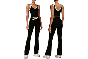 Generic Women's 2 Piece Outfits Sets for Running Yoga Workout Outfits Color Block Crop Tank Tops and Crossover Flare Leggings