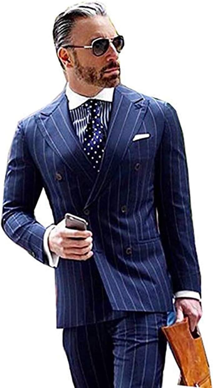 Men's Navy Blue 2 Piece Strips Wedding Tuxedos Slim Fit Double Breasted Suits for Men