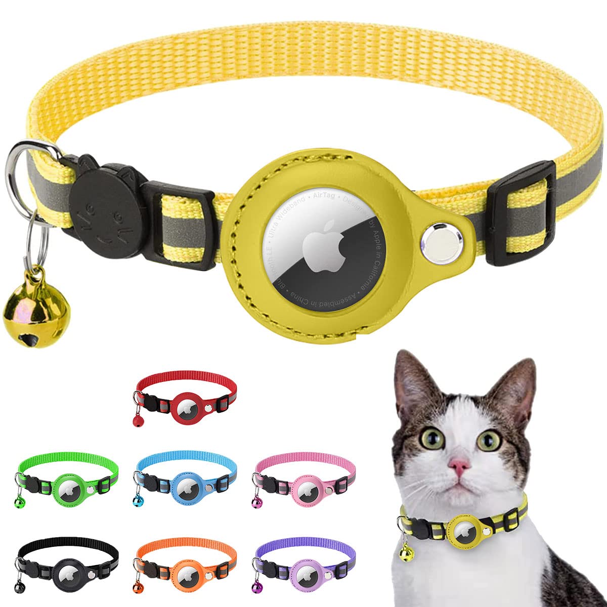 LZXLXS Airtag Cat Collar Reflective Adjustable Cat GPS Tracker Collar with Safety Buckle and Bell, Yellow