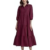 D-Sun Women Long Sleeve Maxi Dress V Neck Button Down Flowy Tiered Ruffle Shirt Dress Casual Fall Long Dresses