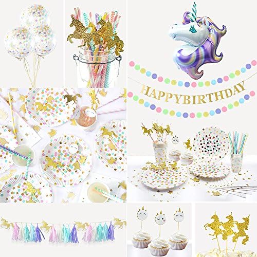 NICROLANDEE Unicorn Party Supplies Happy Birthday Banner Plates Napkins and Cups Gold Glitter Confetti Tissue Paper Tassel Garlands Cake Toppers Balloon Straws Unicorn Baby Kids Birthday Decorations