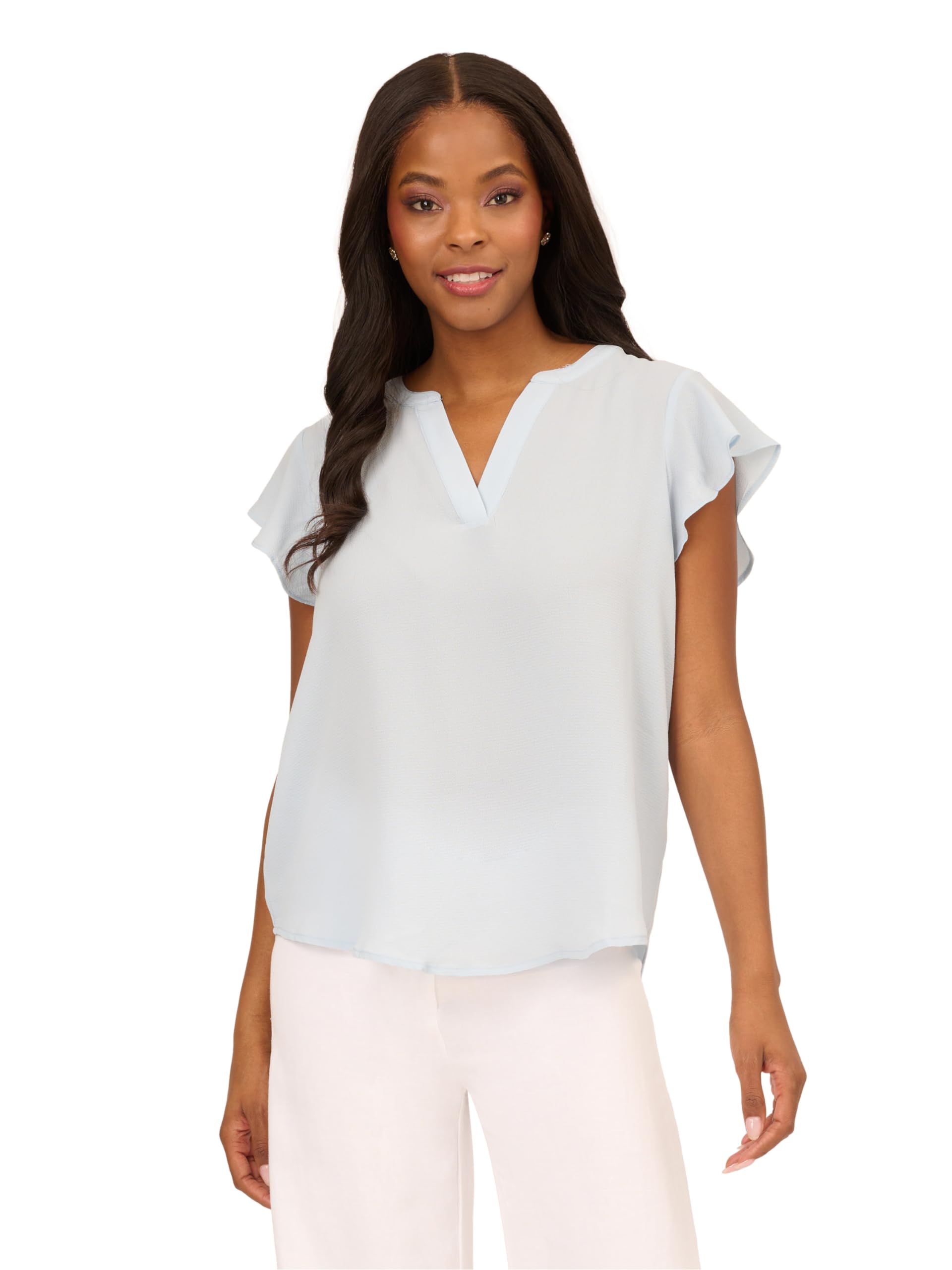 Photo 1 of Adrianna Papell Diffusion Women's Solid Short Ruffle Sleeve Popover Blouse, Snow Globe, M