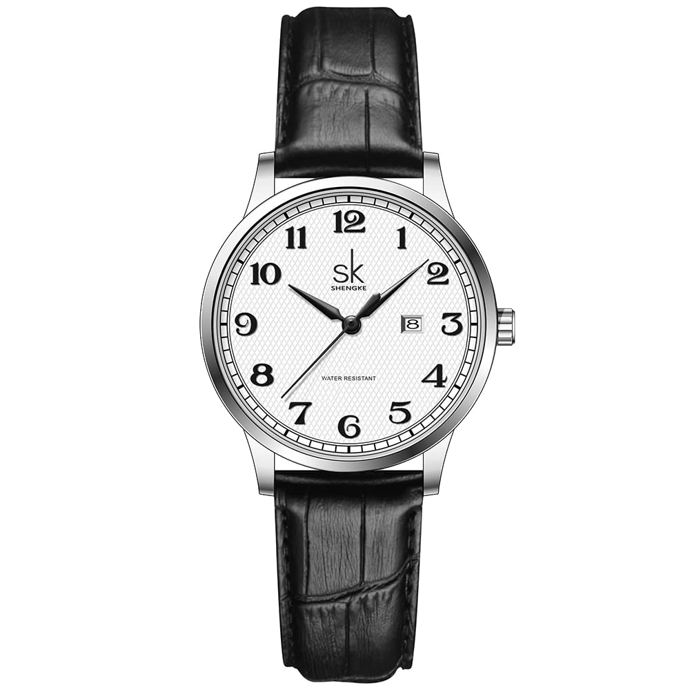 SHENGKE SK Business Classic Women Watch with Genuine Leather Stainless Steel Band Elegant Ladies Watch (Roman-Leather)