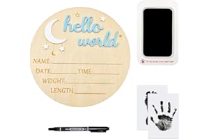 Wooden Hello World Baby Sign 5.9 Inch Baby Announcement Sign with Hand and Footprints Ink Pad Newborn Boy Girl Photo Prop - K