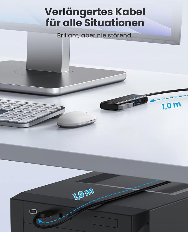 USB Hub 3.0, 4 Ports USB Verteiler mit 100CM Langes Kabel, Ultra Slim Type A Datenhub 5 Gbps, Multiports-Adapter für MacBook, Mac Pro/Mini, Mobile HDD, Surface Pro, XPS, PS4/PS5, PC