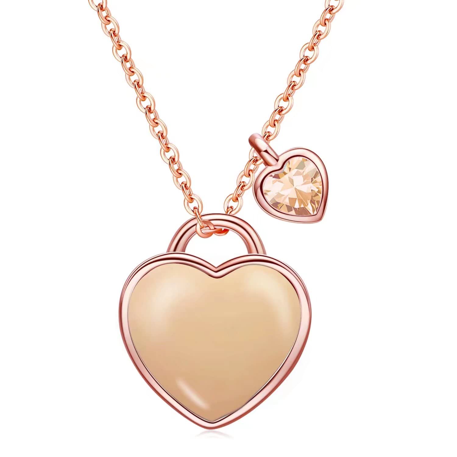 Qings November Topaz Birthstone Necklace - Yellow Citrine Heart-shaped Gemstone Cubic Zirconia 925 Sterling Silver Rose Gold Double Heart Pendant Love You Forever Adjustable Chain Present for Her