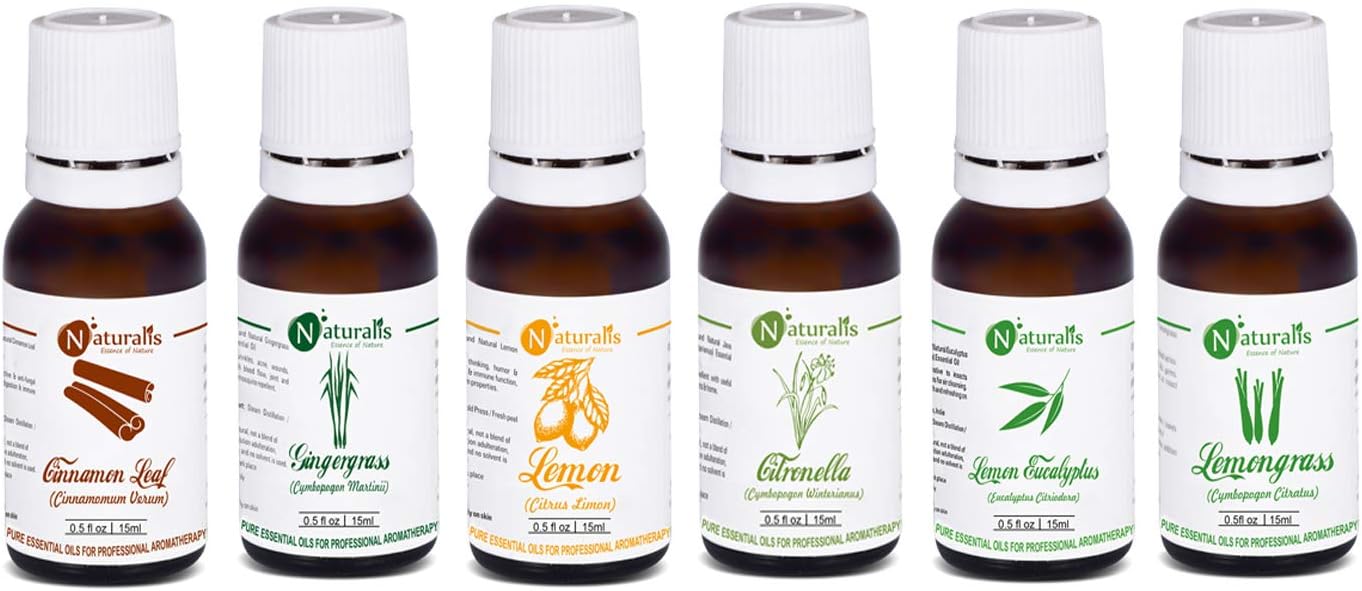 Naturalis 15ml Essential Oil Gift Pack Of 6 for Home Care (Cinnamon, Ginger, Lemon, Citronella, Lemon Eucalyptus, Lemongrass) Aromatic Pure Essential Oil Set