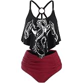 DRESSFO Women Bikini Set Gothic Dragon Bathing Suit | Retro Tankini,Swimsuits,Two Piece Bikini Set,High Waisted,Tummmy Control Bikini