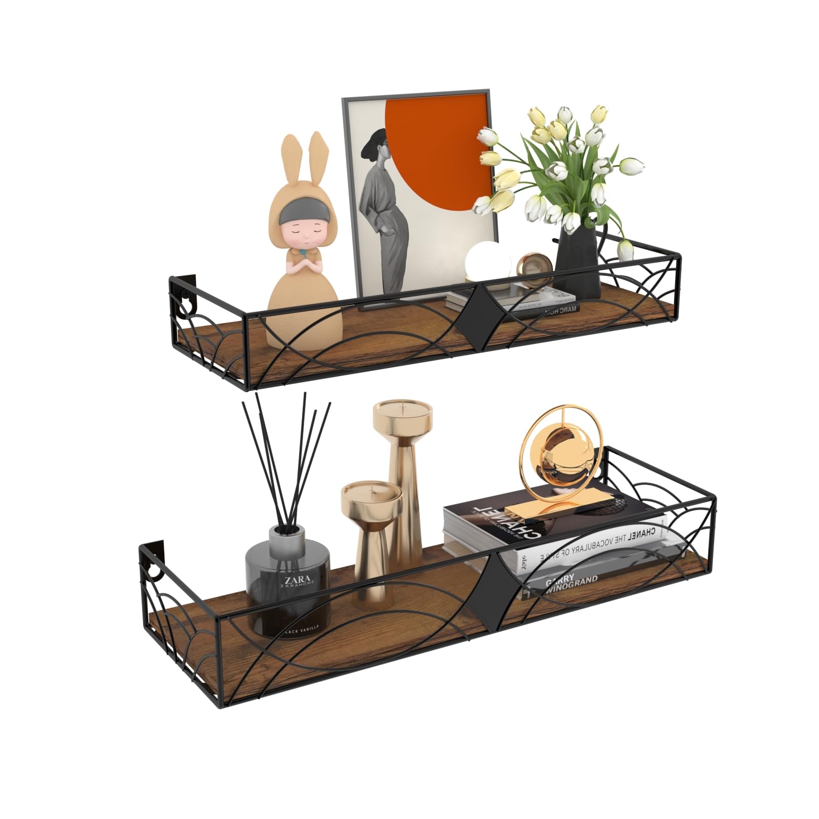 HORLIMER Floating Shelves for Wall Set of 2, Wooden Wall Shelves with Bars, Rustic Wall Mounted Shelves for Kitchen, Bathroom, Bedroom, Living Room, Rhombic Style