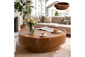 JHKZUDG 39.37" Round Coffee Table with Hidden Storage, Modern Walnut Coffee Table, Unique Drum Center Table Wood Circular Tea